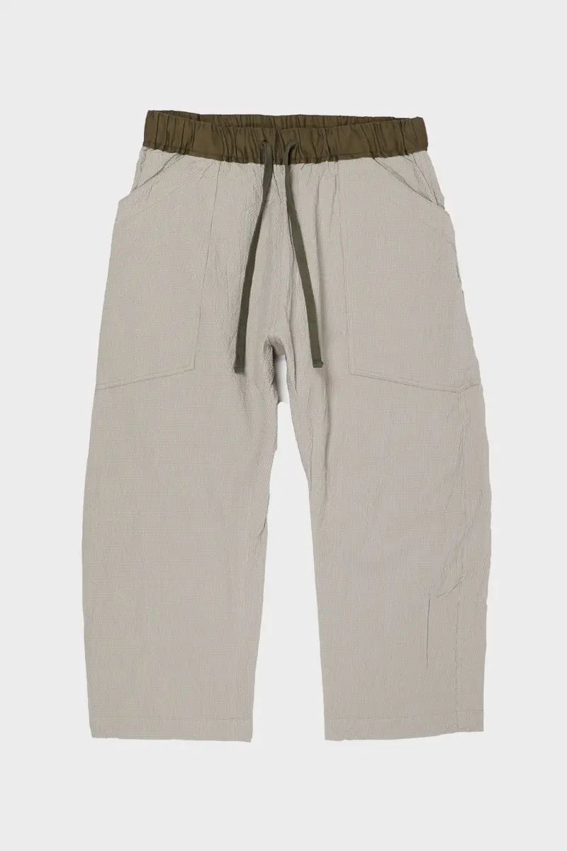 Khaki Seersucker Cropped Loose-Fit Pants 1