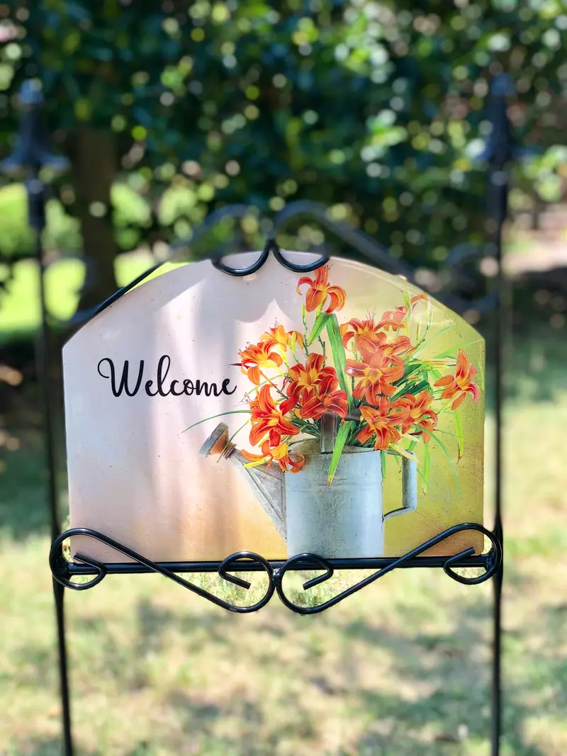 Lily-Filled Sprinkling Can Welcome Sign For Gardens 1