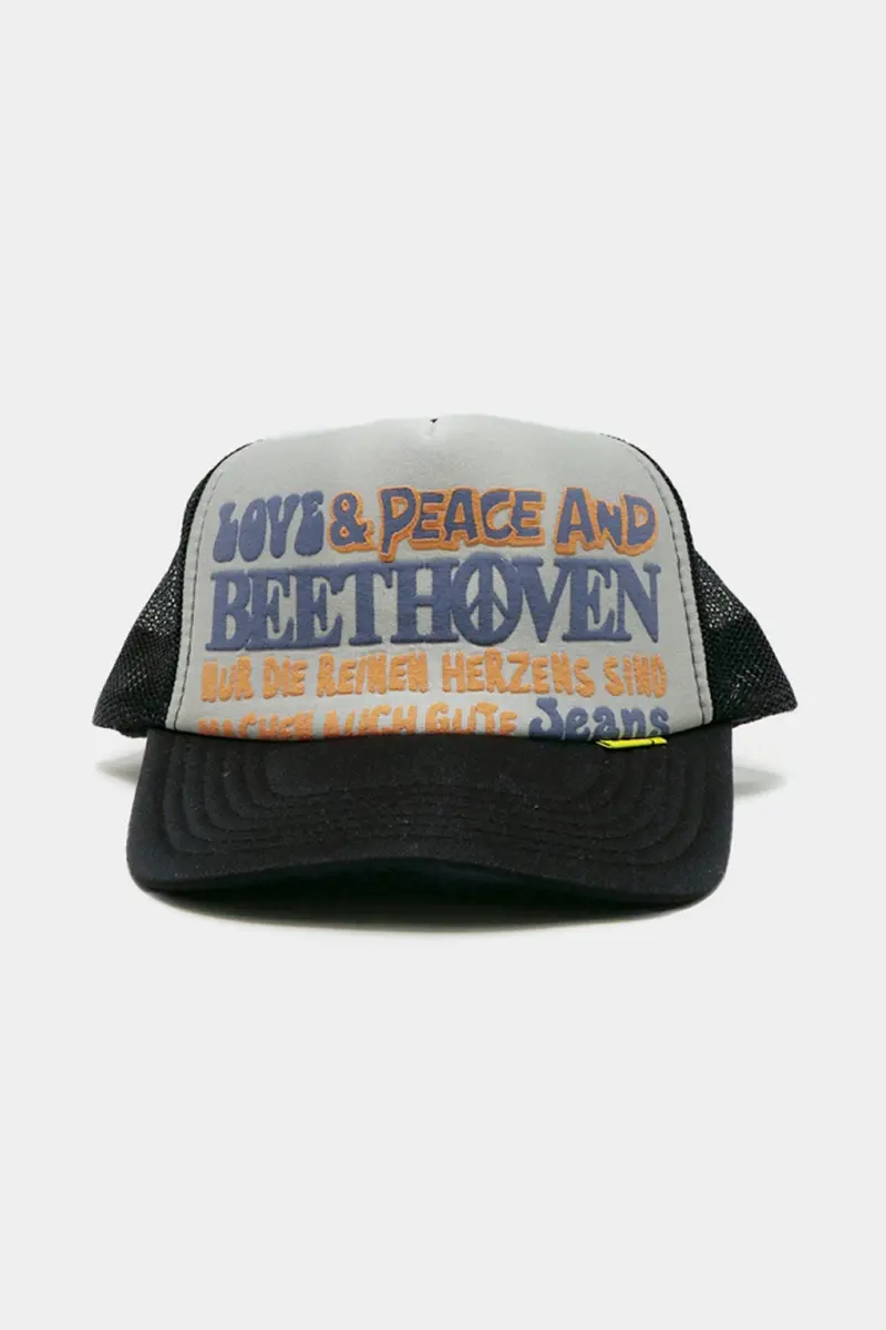 Love & Peace X Beethoven Vintage-Style Trucker Cap In Grey And Black 1