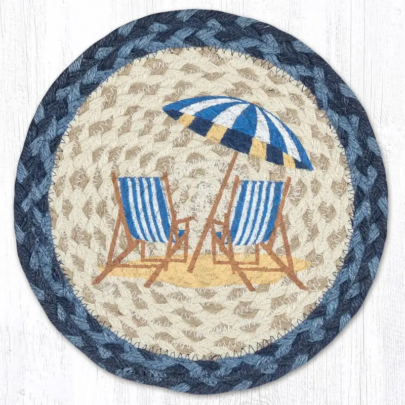 Navy Blue Beach Chair Jute Trivet – 10-Inch Round Design 1