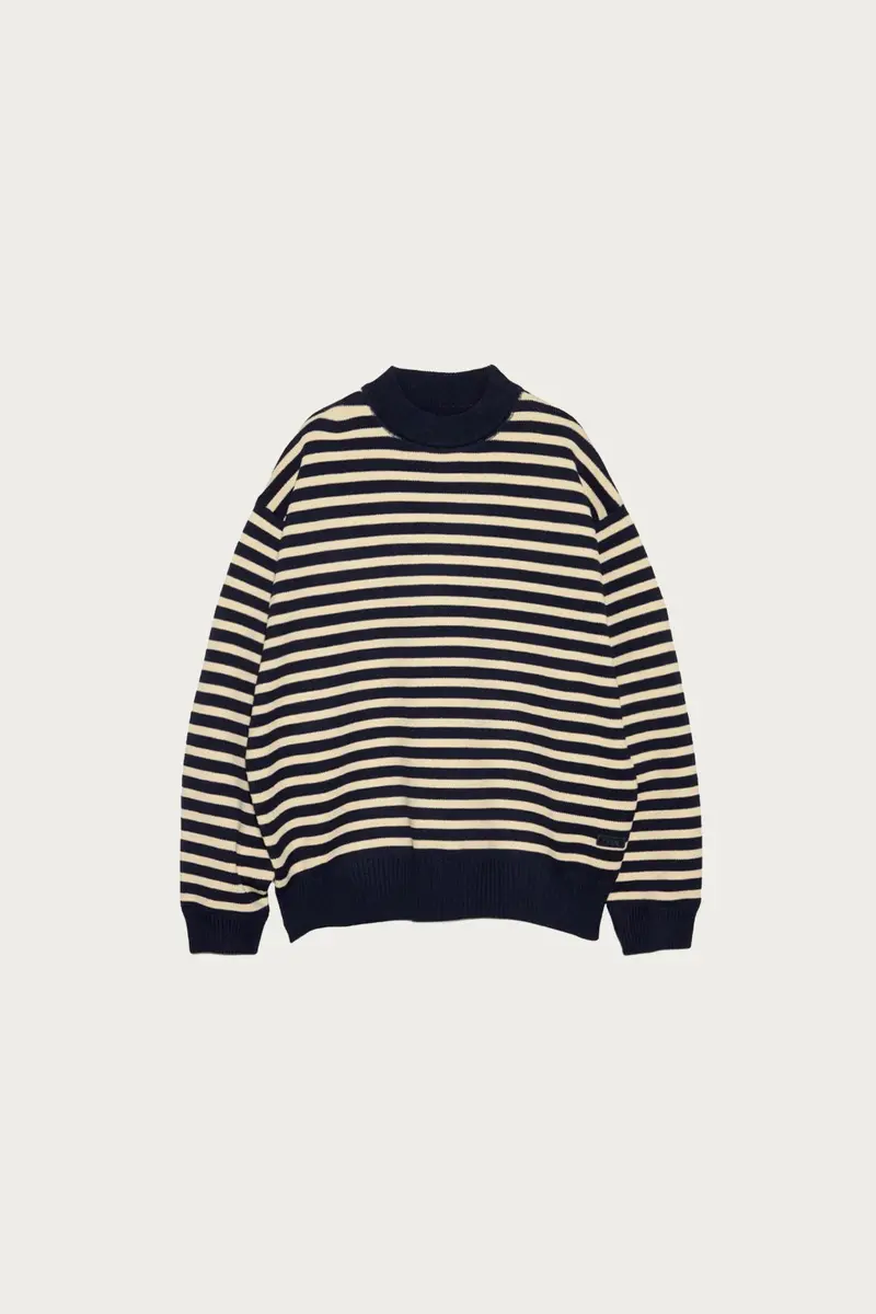 Navy Mock Neck Striped Knit Sweater 1