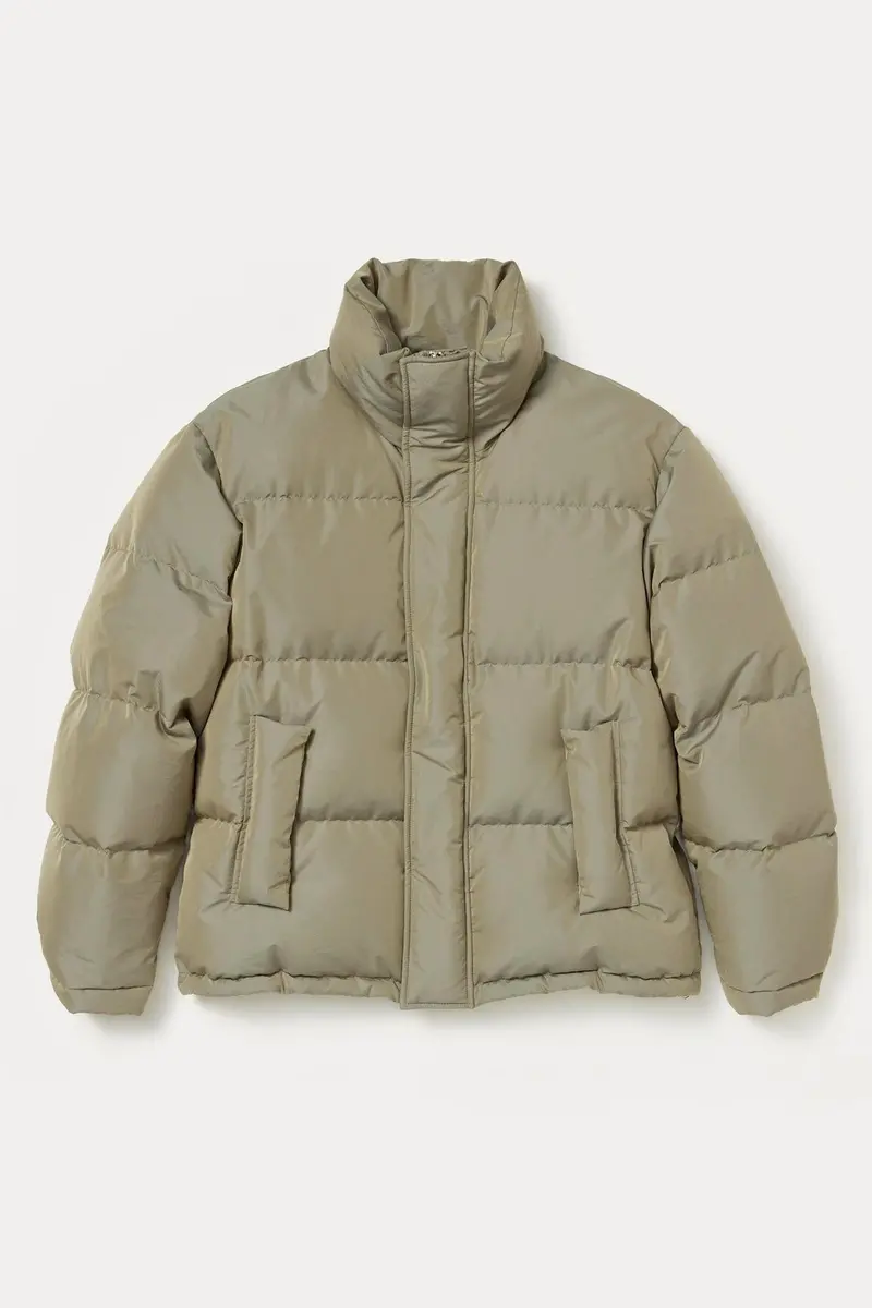 Olive Khaki Chambray Polyester Down Coat – Finx Collection 1