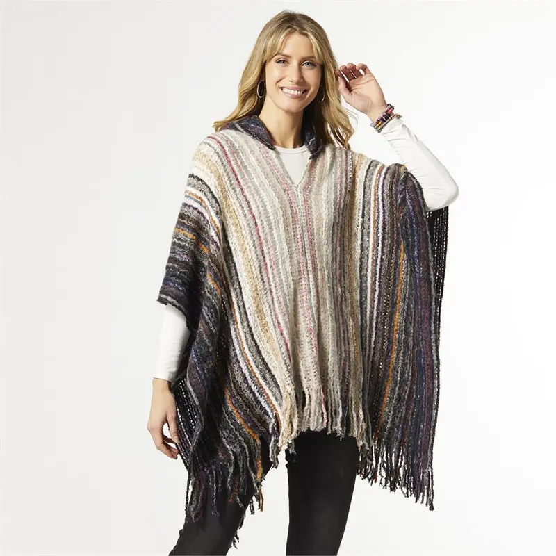 Ombre Stripe Hooded Poncho – Chunky Knit Chevela Style 1
