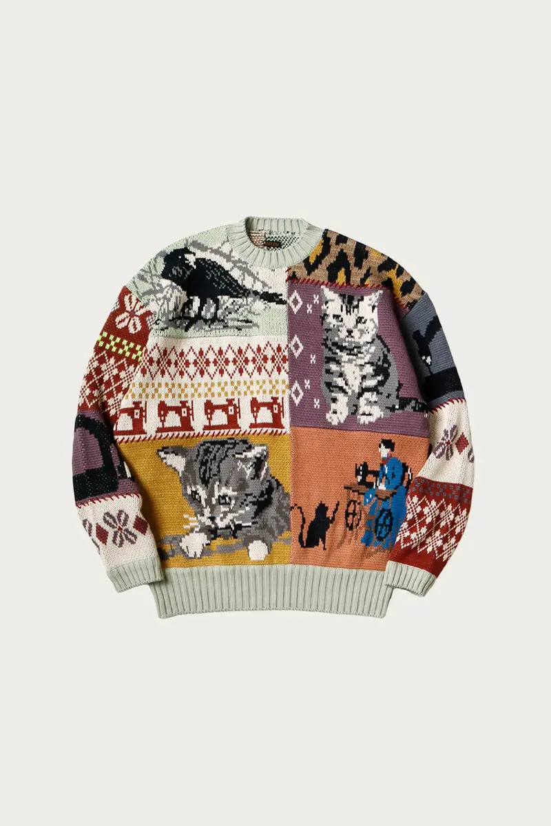 Patchwork Cotton Knit Crew Sweater (Cat & Raven Motif) In Mint 1