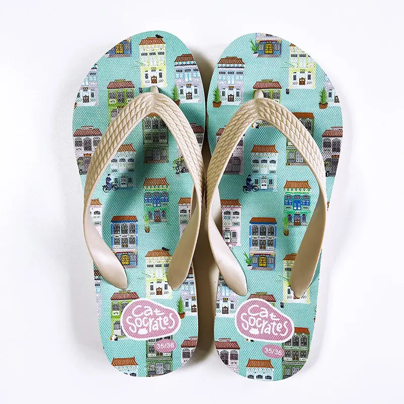 Peranakan Shophouse Pattern Flip-Flops – Soft Mint 1