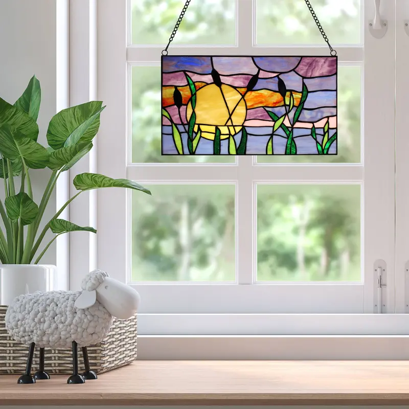 Purple Cattails At Sunset Stained Glass Window Panel – 8.25"H 1