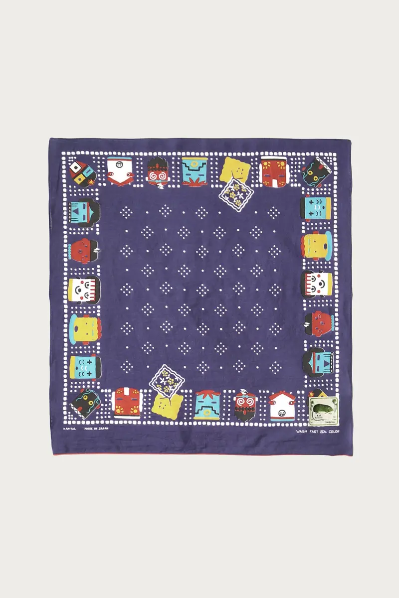 Purple Fastcolor Selvedge Bandanna With Kachina And Peckish Rainbowy Design 1