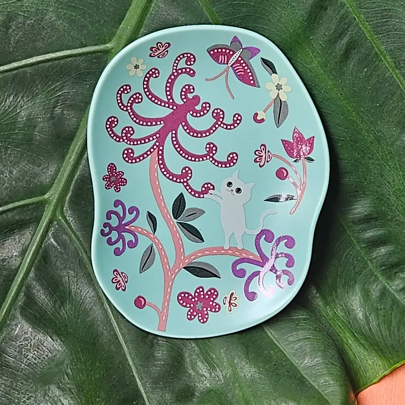 Purple Flora Batik & Kitty Ceramic Tabletop Plate 1