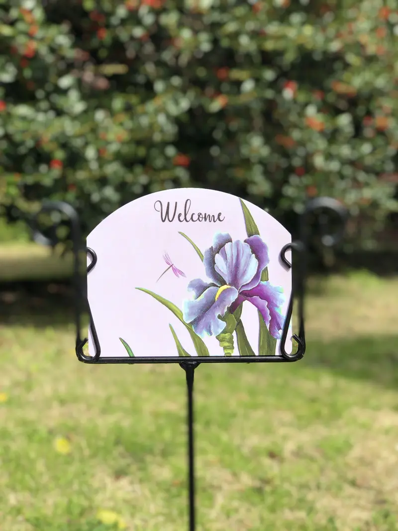 Purple Iris And Dragonfly Metal Garden Sign 1