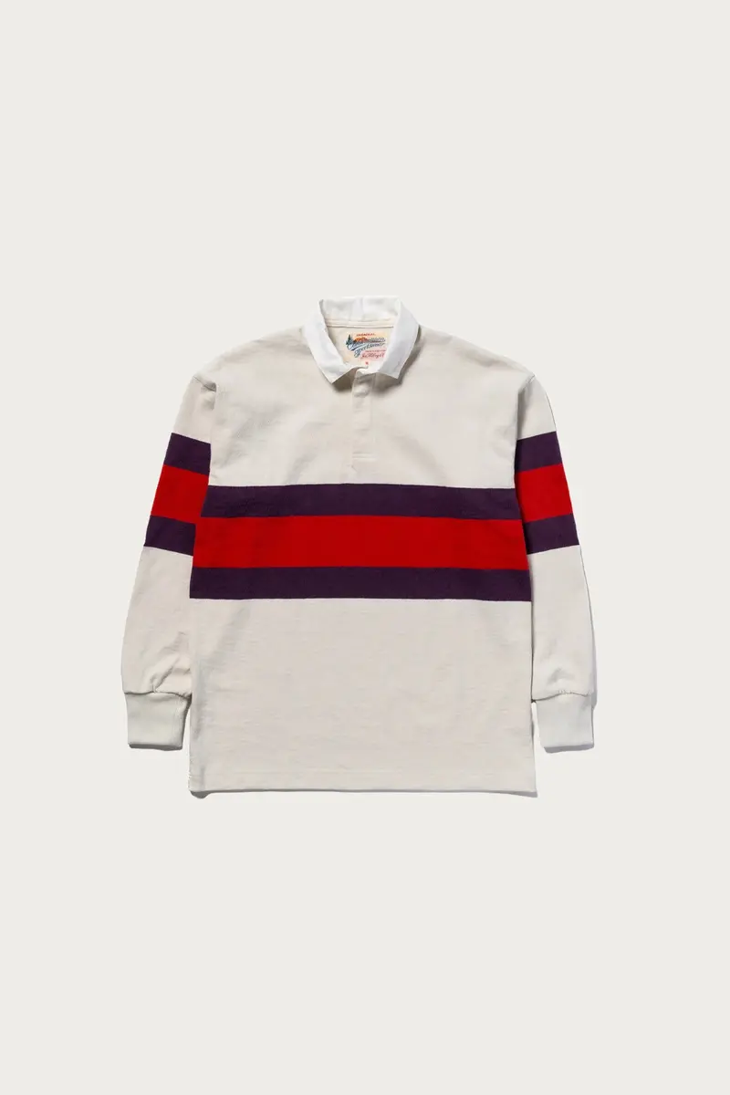 Purple, Red, And White Striped Rugby Shirt For Climbers 1