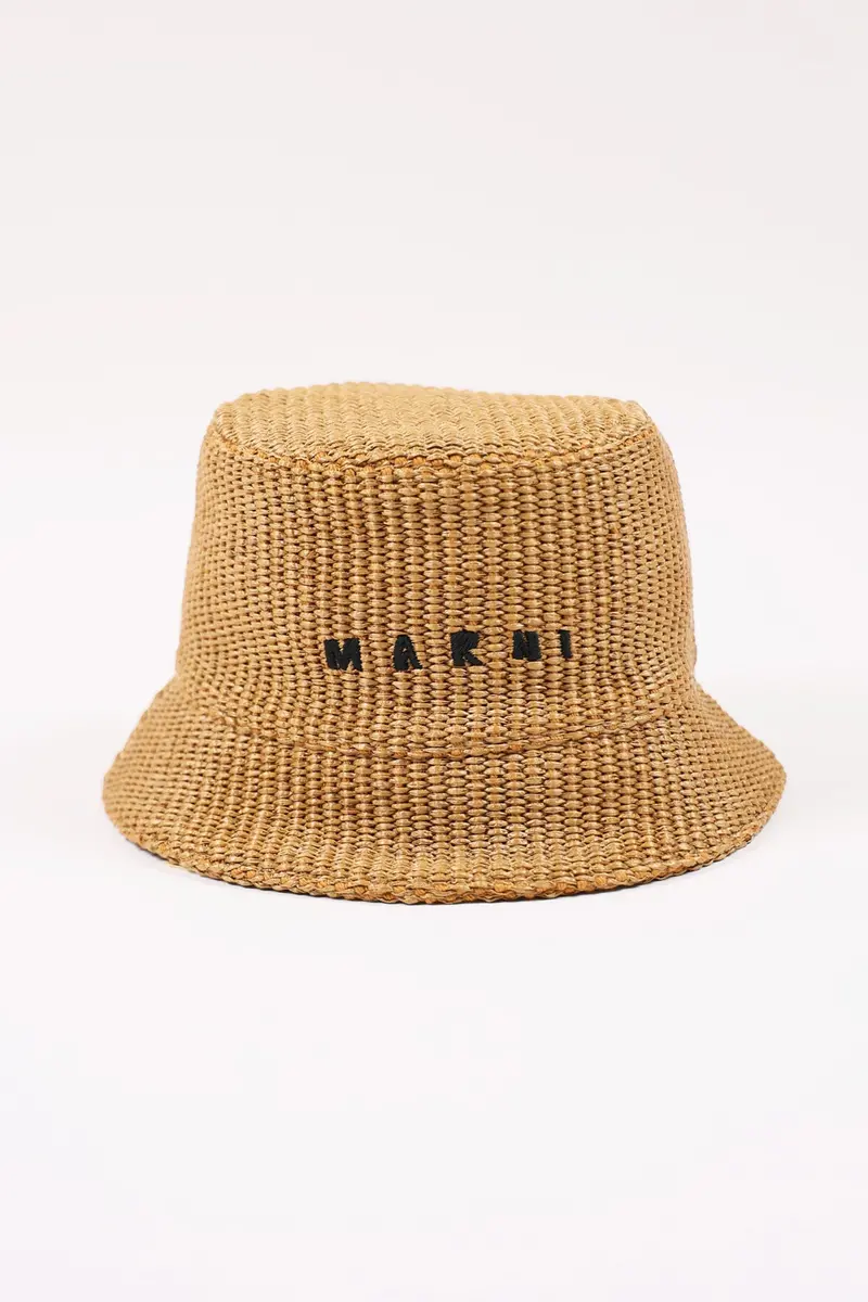 Raffia Bucket Bag Featuring Brand Logo – Warm Caramel Tone 1