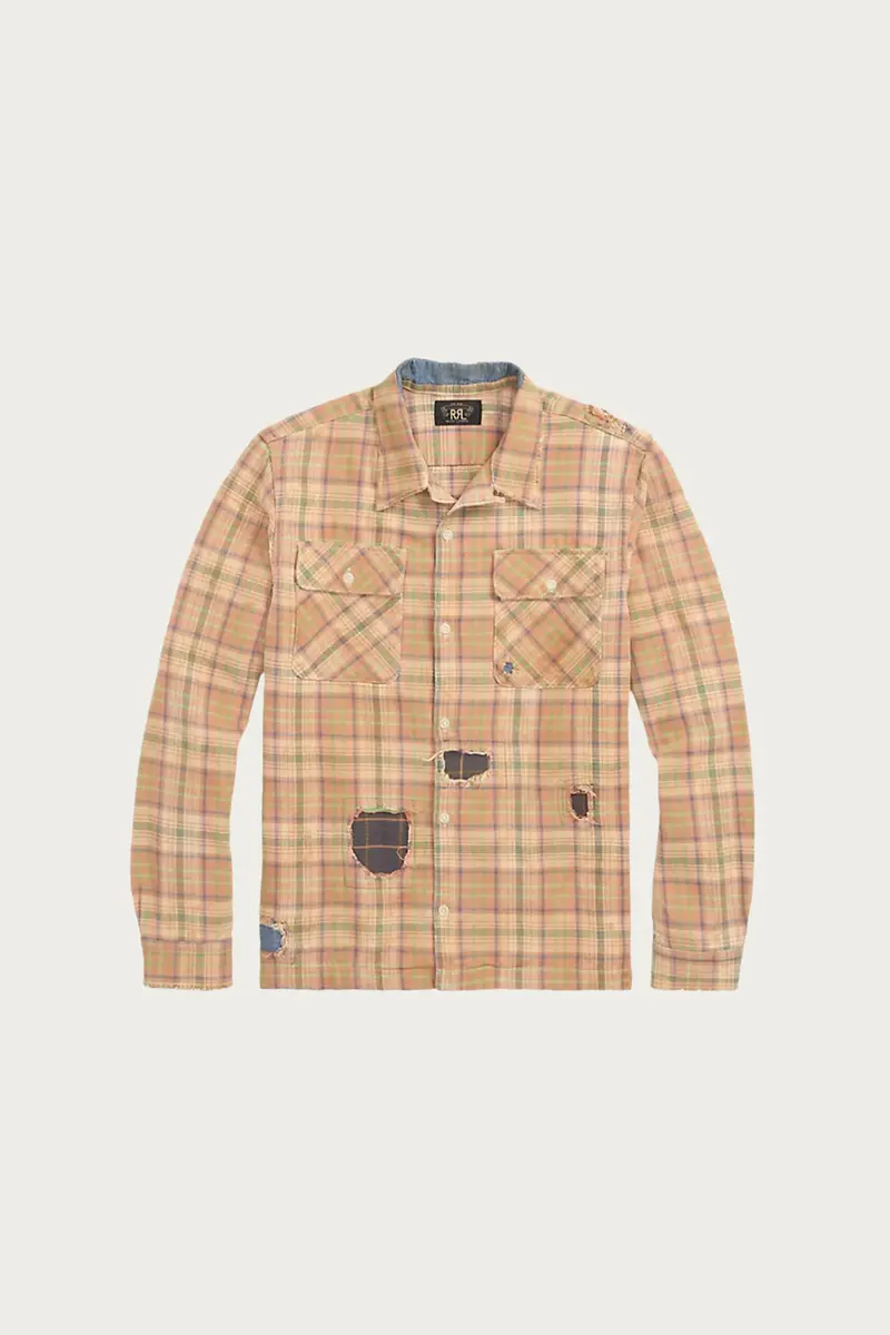 Reconstructed Plaid Twill Camp Shirt – Orange And Multicolor Patchwork 1