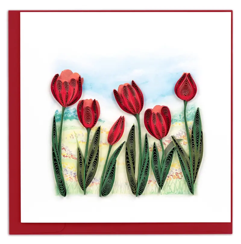 Red Tulip Field Quilling Art Card 1