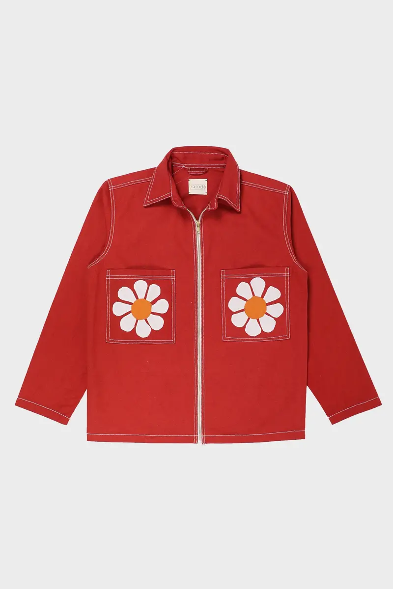 Red Zip-Up Jacket With Floral Appliqué Accents 1