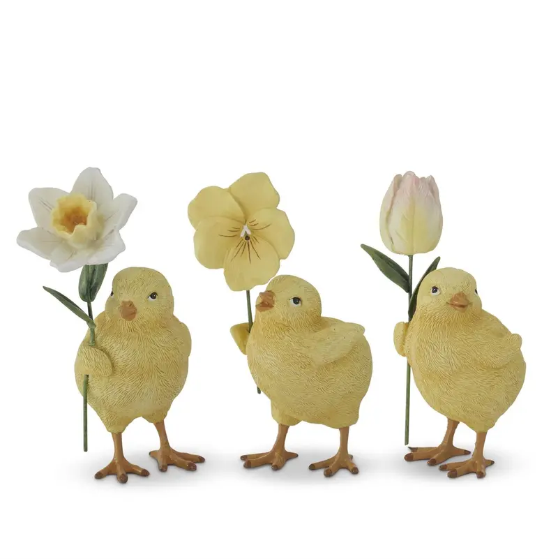 Resin Chick Figurines Holding Flowers – Three Designs 1