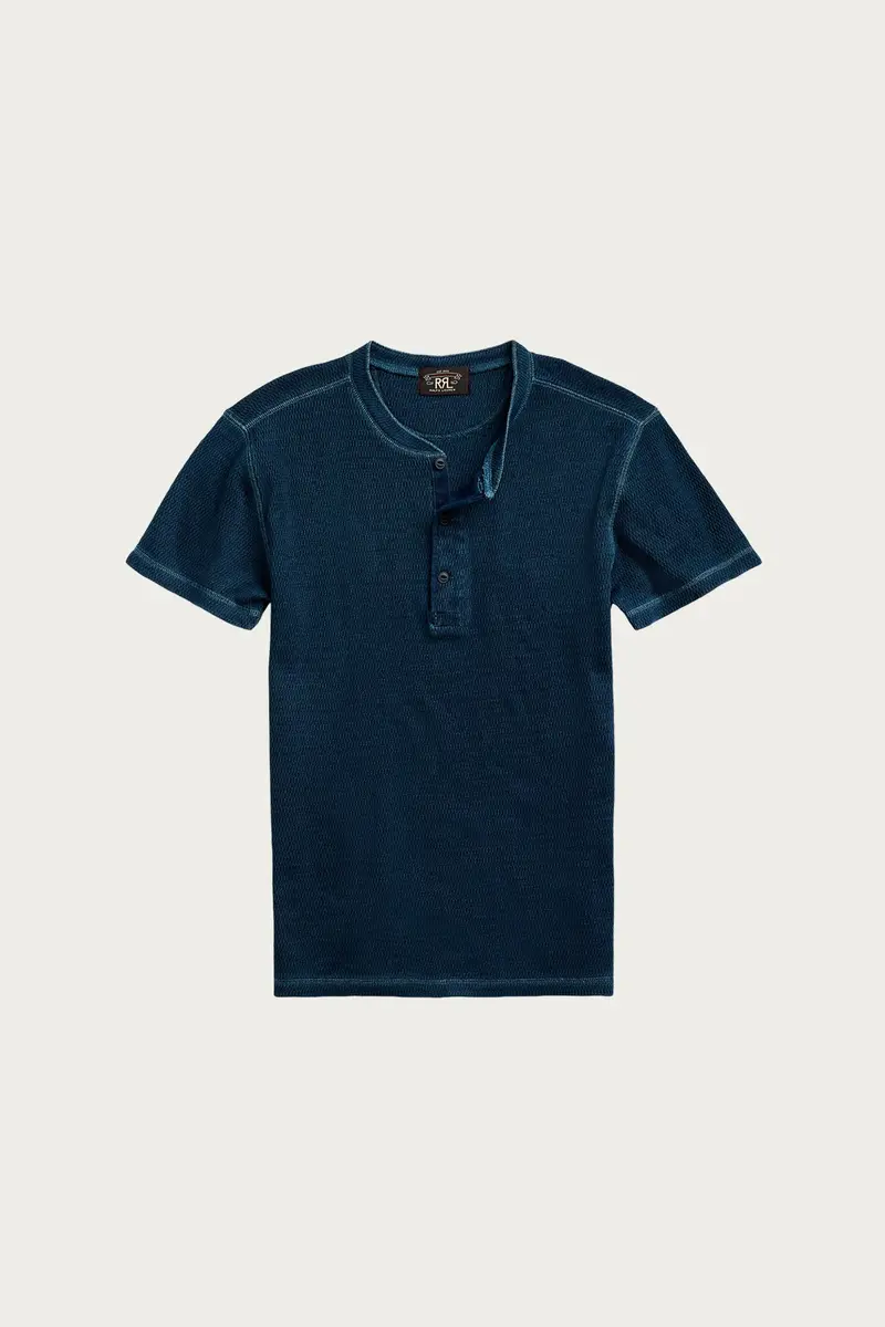 Rinsed Blue Indigo Waffle-Knit Short-Sleeve Henley 1