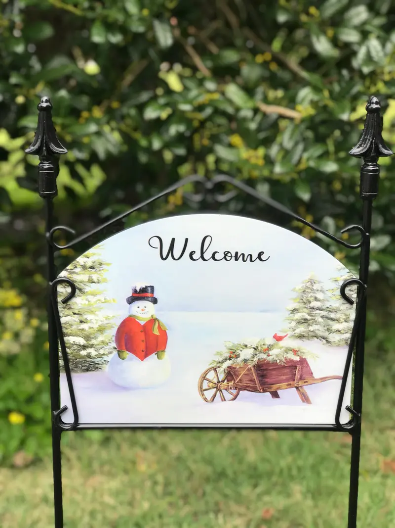 Snowman In Wheelbarrow Winter Garden Sign 2