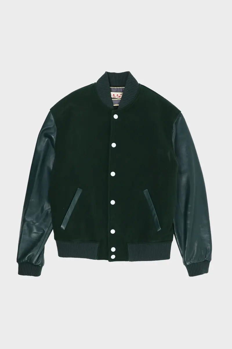 Spherical Green Wool Felt Bomber With Leather Sleeves 1