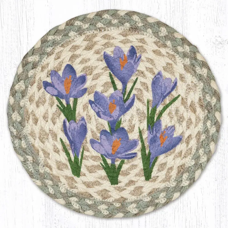 Spring Crocus Design Jute Trivet – 10" Handwoven Coaster 1
