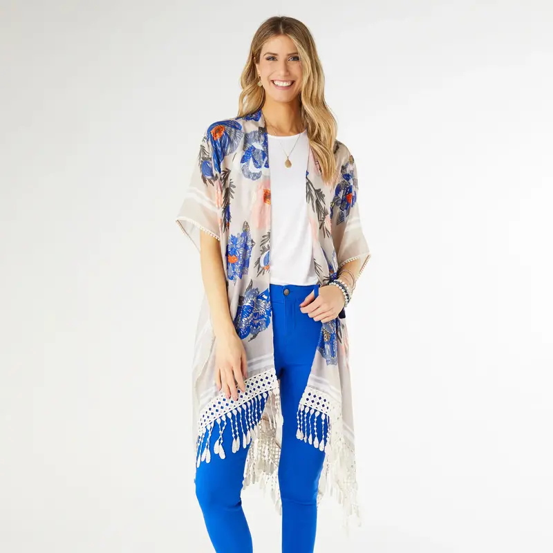 Stone & Cobalt Kauai Floral Ruana With Crochet Edging 1