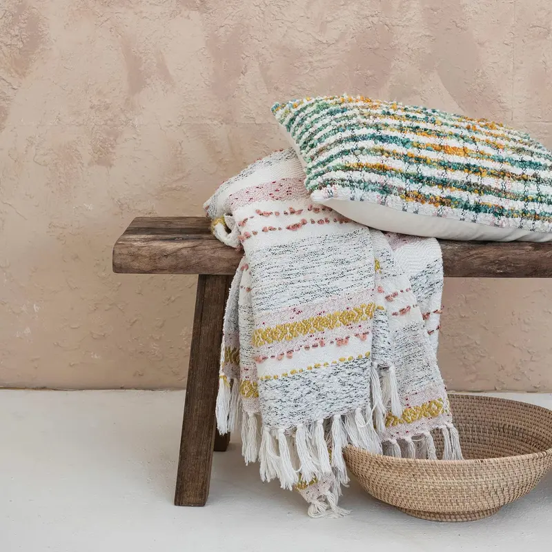 Striped Bouclé Lumbar Pillow In Cotton Blend Fabric 1