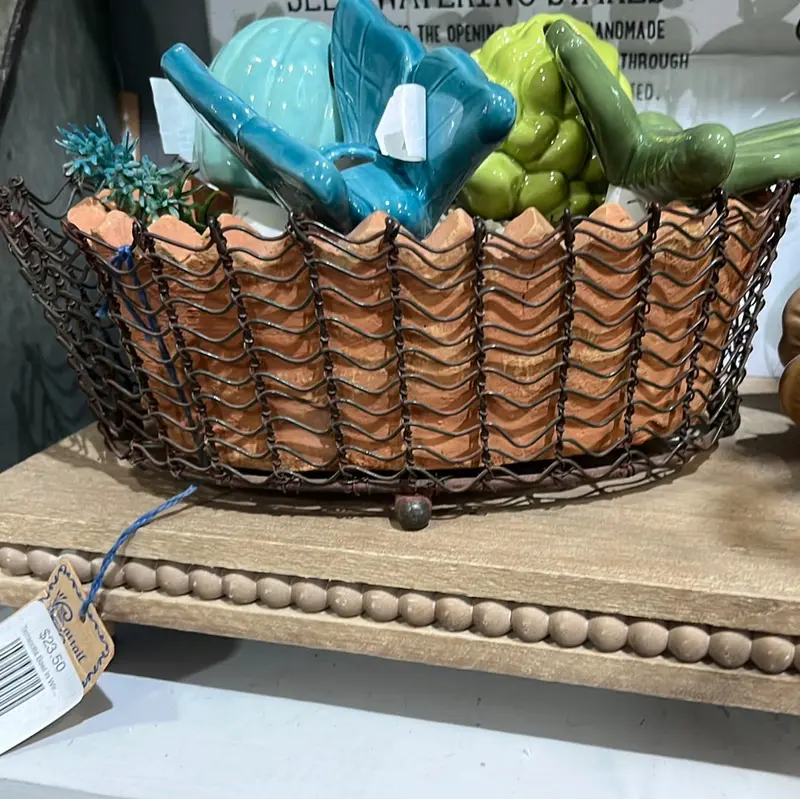 Terracotta Bowl Nestled In Woven Wire Basket – Rustic Table Centerpiece 1