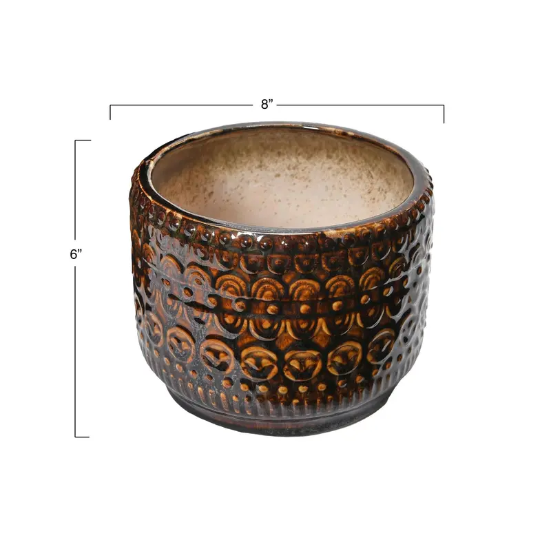 Textured Embossed Stoneware Planter For Indoor Plants 1