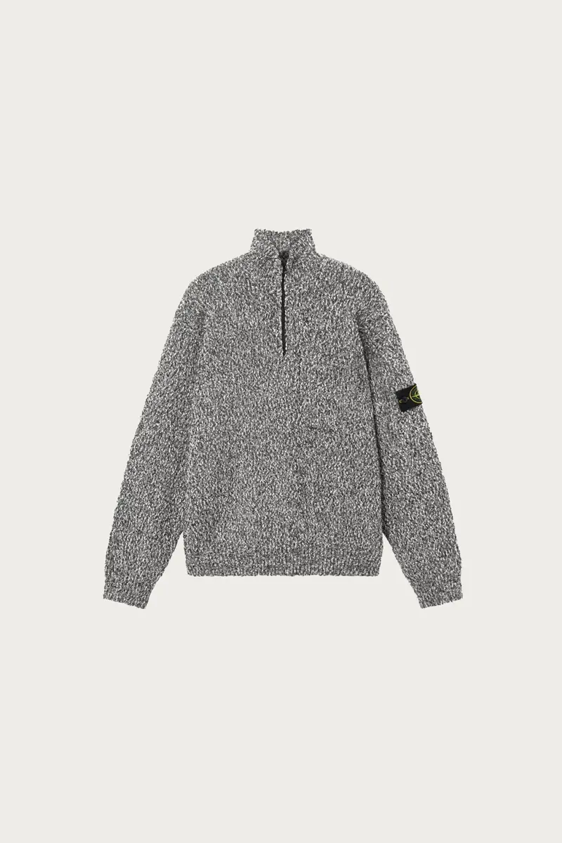 Textured Half-Zip Cotton Jumper – Black Melange Knit 1