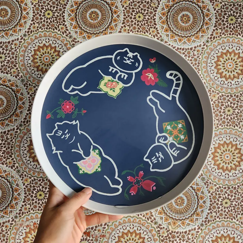Triple Cats Peranakan-Style Bamboo Serving Tray 1