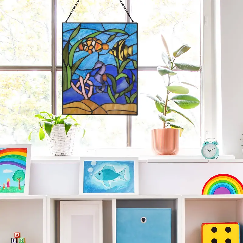 Underwater Ocean Scene Stained Glass Panel (14"H) 1