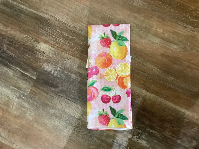 Vibrant Mixed Fruit Dish Towel With Blush Pink Background 1