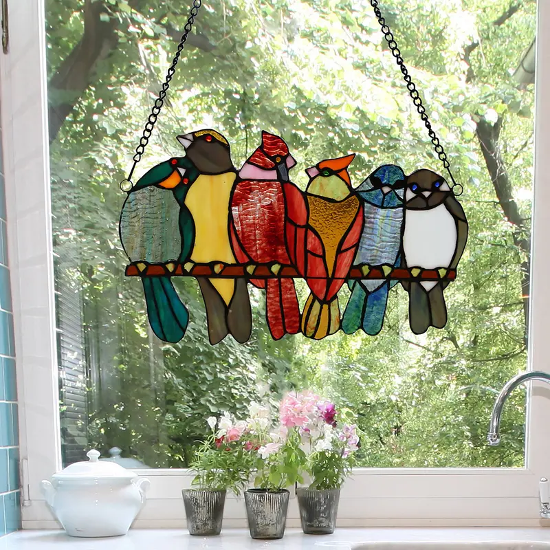 Vintage Love Birds Stained Glass Window Panel – 15" Decorative Accent 1
