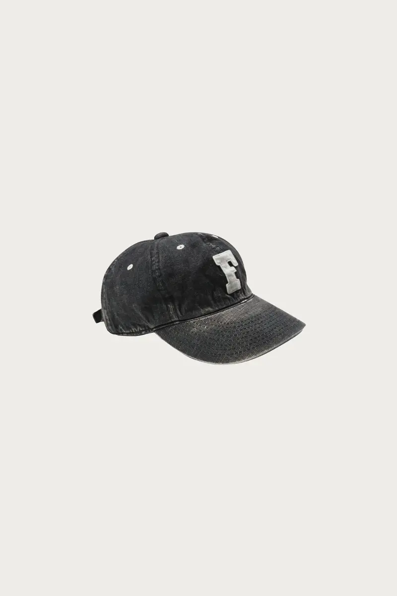 Vintage-Wash Denim Baseball Cap With 'F' Embroidery – Black 1