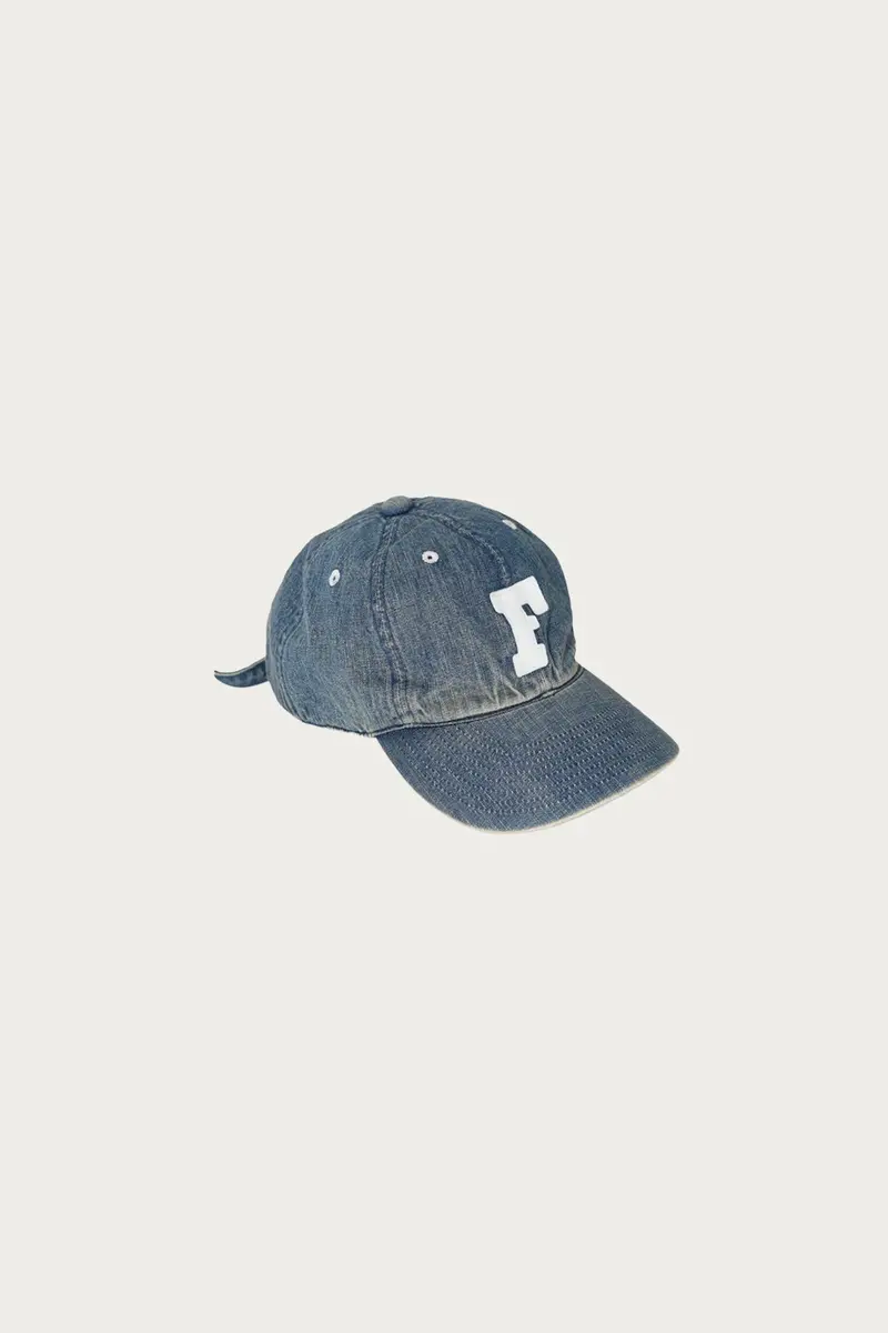 Vintage-Wash Denim Baseball Cap With 'F' Embroidery – Indigo Blue 1