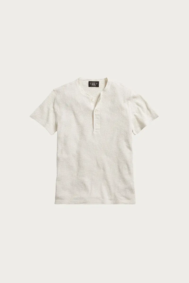 Waffle-Knit Henley Shirt – Paper White Short-Sleeve Style 1
