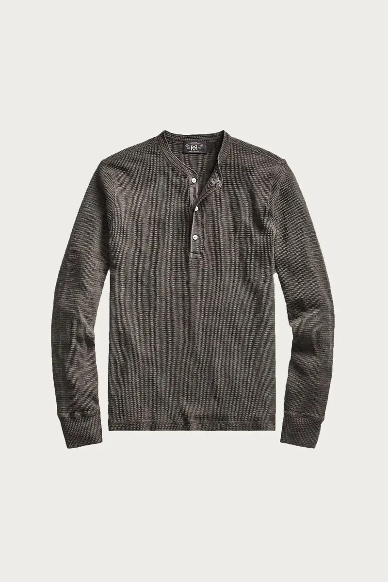 Waffle-Knit Henley Top – Faded Black Canvas 1