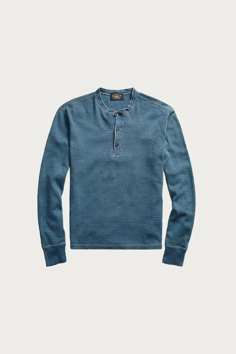 Washed Indigo Jacquard-Knit Henley Shirt 1