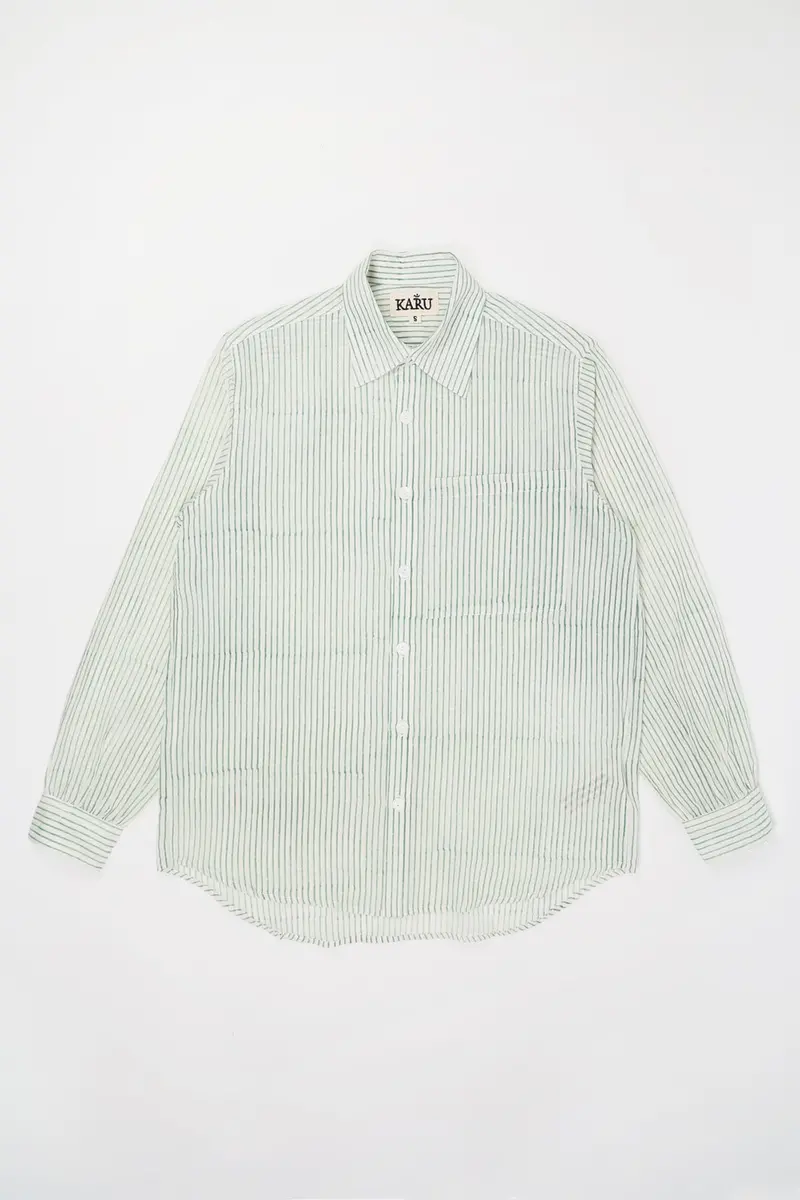 White And Aquamarine Striped Block-Printed Shirt 1