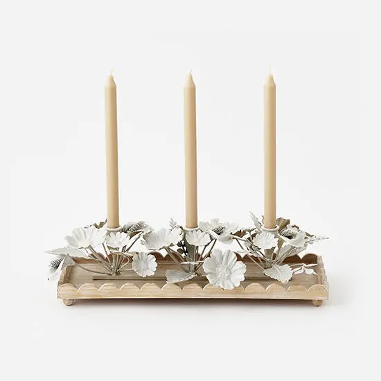 White Floral Taper Candle Holder Tray (3-Pack) 1
