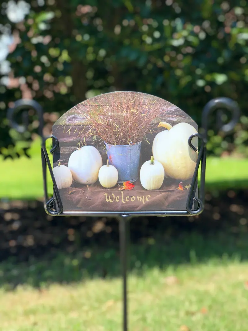 White Pumpkin Welcome Sign – Elegant Fall Or Year-Round Garden Marker 1