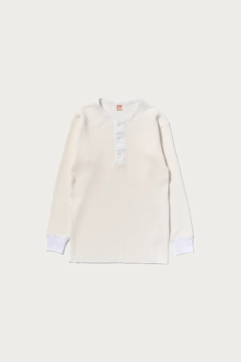 White Waffle Thermal Henley – Breathable Long-Sleeve Undershirt 1