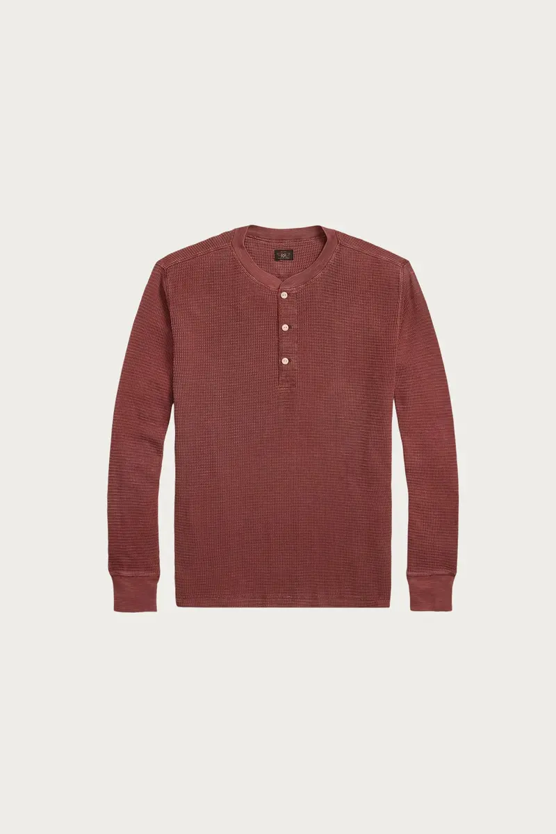 Wine-Colored Garment-Dyed Waffle-Knit Henley Shirt 1