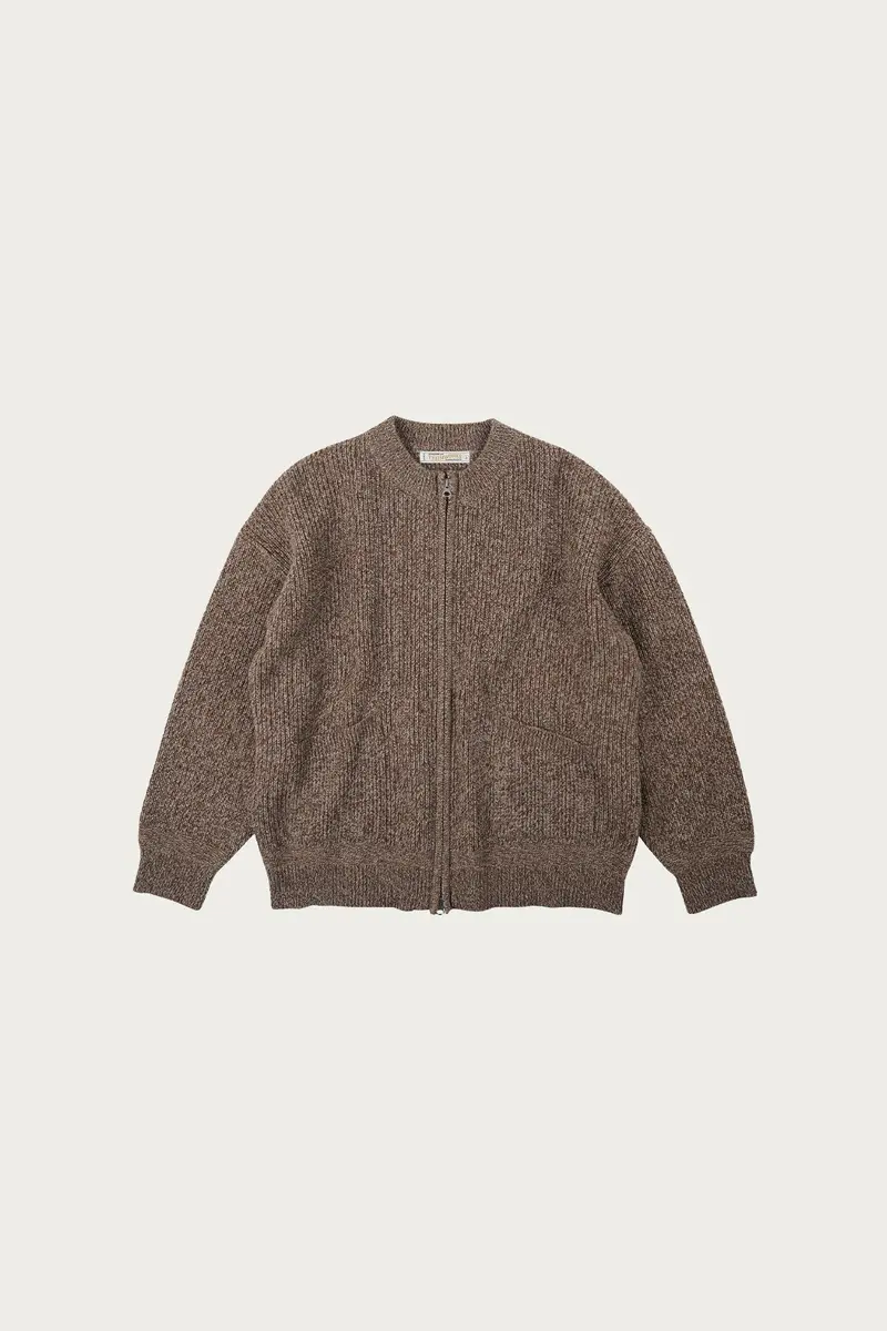 Wool-Tweed Zip-Front Cardigan – Rich Brown Herringbone 1